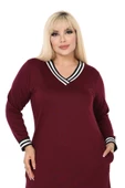 Melsay Butik Bordo Yakası Şeritli V Yaka Uzun Kol İki İplik Elbise - 5
