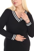 Melsay Butik Uzun Kollu Siyah Yakası Şeritli V Yaka Midi Elbise - 6