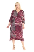 Melsay Butik Kruvaze Yaka Bordo Etnik Desen Anvelop Etek Midi Elbise - 5