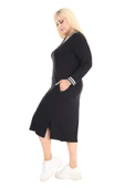 Melsay Butik Uzun Kollu Siyah Yakası Şeritli V Yaka Midi Elbise - 3