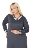 Melsay Butik Antrasit Yakası Şeritli V Yaka Uzun Kol İki İplik Elbise - 5