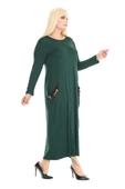 Melsay Butik Püsküllü Cepli Kadın Uzun Kollu Zümrüt Yeşili Tesettür Elbise thumbnail 2