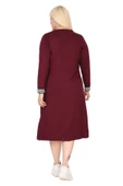 Melsay Butik Bordo Yakası Şeritli V Yaka Uzun Kol İki İplik Elbise - 6