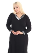 Melsay Butik Uzun Kollu Siyah Yakası Şeritli V Yaka Midi Elbise - 5