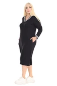 Melsay Butik Uzun Kollu Siyah Yakası Şeritli V Yaka Midi Elbise - 2