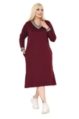 Melsay Butik Bordo Yakası Şeritli V Yaka Uzun Kol İki İplik Elbise - 4