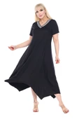 Melsay Butik Siyah V Yaka Yakası Şeritli Asimetrik Kısa Kollu Elbise - 4