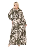 Melsay Butik Fularlı Yeşil Batik Desen Uzun Kollu Büyük Beden Kadın Elbise thumbnail 1