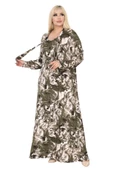 Melsay Butik Fularlı Yeşil Batik Desen Uzun Kollu Büyük Beden Kadın Elbise thumbnail 3