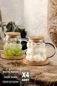 4'lü Bambu Kapaklı Üzüm Tanesi Boncuk Bardak 350ml Isıya Dayanıklı Cam Pipetli Kahve Sunum Bardağı - 1