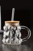 2li Bambu Kapaklı Üzüm Tanesi Boncuk Bardak 350ml Isıya Dayanıklı Cam Pipetli Kahve Sunum Bardağı - 2