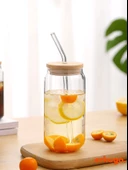 Bambu Kapaklı Pipetli Borosilikat Sunum Bardağı, Kahve Bardağı, Isı Dayanıklı Bardak (600 ml) Coollime - 1