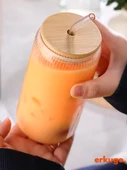 Bambu Kapaklı Pipetli Borosilikat Sunum Bardağı, Kahve Bardağı, Isı Dayanıklı Bardak (500 ml) Coollime2 - 4