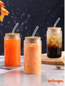 Bambu Kapaklı Pipetli Borosilikat Sunum Bardağı, Kahve Bardağı, Isı Dayanıklı Bardak (500 ml) Coollime2 - 5