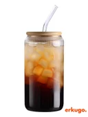 Bambu Kapaklı Pipetli Borosilikat Sunum Bardağı, Kahve Bardağı, Isı Dayanıklı Bardak (500 ml) Coollime2 - 3