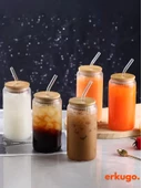 Bambu Kapaklı Pipetli Borosilikat Sunum Bardağı, Kahve Bardağı, Isı Dayanıklı Bardak (500 ml) Coollime2 - 2