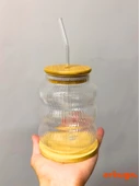 Bambu Kapaklı Pipetli Borosilikat Sunum Bardağı, Kahve Bardağı, Isı Dayanıklı Bardak (700 ml) Ripple - 2
