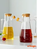 2 Adet Vakumlu Bambu Kapaklı Borosilikat Yağdanlık, Zeytinyağı Sıvıyağ Şişesi, Yağlık (900 ml) Oilpot - 1