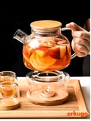 Vakumlu Bambu - Metal Kapaklı Isıya Dayanıklı Borosilikat Cam Demlik, Süzgeçli (1000 ML) Teapot - 6