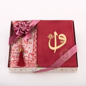 Kuran +  Seccade +  Tesbih Hediye Seti (Orta Boy, Kadife, Desenli Kutu, Bordo) thumbnail 2