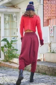 Gipe Bel Detaylı Kışlık Bordo Diyogonel Kadın Şalvar Pantolon - 5