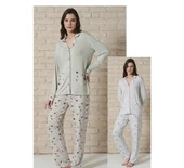 Pijadore Kadın Viskon Düğmeli Uzun Kollu Pijama Takımı 1728 - 6