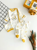 Neşeli Bebekler Dino Baskılı Önden Çıtçıtlı Kendinden Eldivenli Bereli Yeni Doğan Penye Takım thumbnail 1