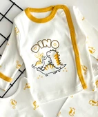 Neşeli Bebekler Dino Baskılı Önden Çıtçıtlı Kendinden Eldivenli Bereli Yeni Doğan Penye Takım thumbnail 3