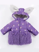 Trend Tavşan Detaylı Baskılı Fiyonk Kulaklı Fermuar Kapüşonlu Kışlık İçi Peluş Kız Bebek Mont Şişme - 1