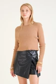 Kadın Sıfır Yaka Tüylü Crop Kazak Camel - 1