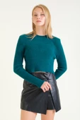 Kadın Sıfır Yaka Tüylü Crop Kazak Zümrüt thumbnail 1