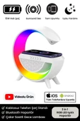 Kablosuz Şarj Led Işıklı Bluetooth Hoparlör Radyolu Müzik Çalar Saatli Telefon Standı 3in1 Speaker - 1