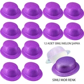 Mor Renk Simli Melon Yuvarlak Parti Şapkası 12 Adet - 1