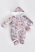 Çiçek Desenli Patikli Eldivenli Kapüşonlu Fermuarlı Kışlık Kız Erkek Bebek Astronot Tulum Kozmonot - 4