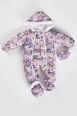 Çiçek Desenli Patikli Eldivenli Kapüşonlu Fermuarlı Kışlık Kız Erkek Bebek Astronot Tulum Kozmonot - 3