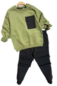 Erkek Çocuk Kapak Cepli Bisiklet Yaka Sweatshirt Haki Yeşil Eşofman Takım - 4