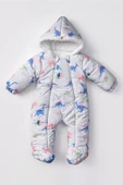 Çiçek ve Dinozor Desenli İçi Kürklü Patikli Kapüşonlu Kışlık Erkek Kız Bebek Astronot Tulum Kozmonot - 1