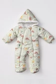 Çiçek ve Dinozor Desenli İçi Kürklü Patikli Kapüşonlu Kışlık Erkek Kız Bebek Astronot Tulum Kozmonot - 3