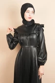 Tesettür Piliseli Elbise Kolları Vatka Detaylı Deri Elbise Siyah - 4