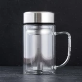 Porsima BY-84 Çift Cidarlı Süzgeçli Kupa Metal Kapaklı Kulplu Borosilikat Bitki Çayı Bardağı Çay Kahve Kupası - 4