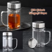 Porsima BY-84 Çift Cidarlı Süzgeçli Kupa Metal Kapaklı Kulplu Borosilikat Bitki Çayı Bardağı Çay Kahve Kupası - 1