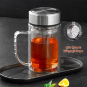 Porsima BY-84 Çift Cidarlı Süzgeçli Kupa Metal Kapaklı Kulplu Borosilikat Bitki Çayı Bardağı Çay Kahve Kupası - 2