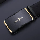 William Polo Hakiki Deri Siyah Altın Tokalı Şık Italyan Kemer thumbnail 3