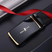 William Polo Hakiki Deri Siyah Altın Tokalı Şık Italyan Kemer thumbnail 4