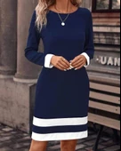 Kadın Uzun Kollu Bisiklet Yaka Kol Ve Tek Ucu şeritli Ithal Krep Midi Elbise - 2