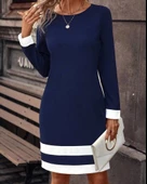 Kadın Uzun Kollu Bisiklet Yaka Kol Ve Tek Ucu şeritli Ithal Krep Midi Elbise - 1