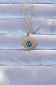Gold Renk Zirkon Taşlı Nazarlı Göz Kolye - EBJ240928W28319 thumbnail 1