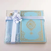 Şal + Tesbih + Kuran Hediye Seti (Hafız Boy, Standart Cilt, Açık Mavi) - 2
