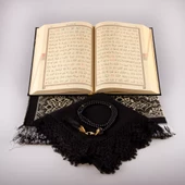 Şal + Tesbih + Kuran Hediye Seti (Çanta Boy, Standart Cilt, Siyah) thumbnail 4