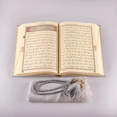 Şal + Tesbih + Kuran Hediye Seti (Hafız Boy, Standart Cilt, Gri) - 4